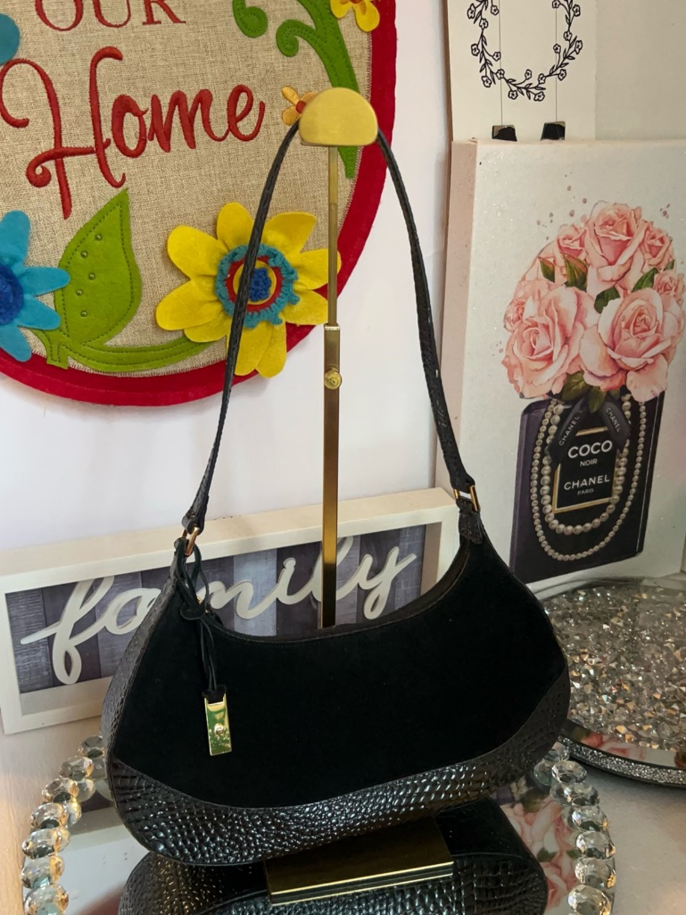 Etienne Aigner Black suede  with Textured Trim shoulder bag